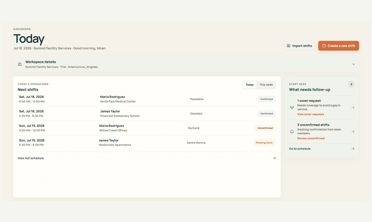 CleanConfirm dashboard highlighting upcoming shifts, unconfirmed work, and a cover request.