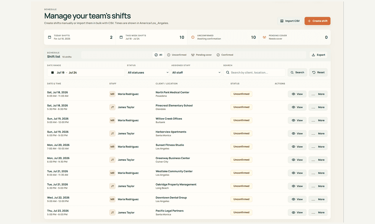 Imported cleaning shifts waiting for team members to confirm.