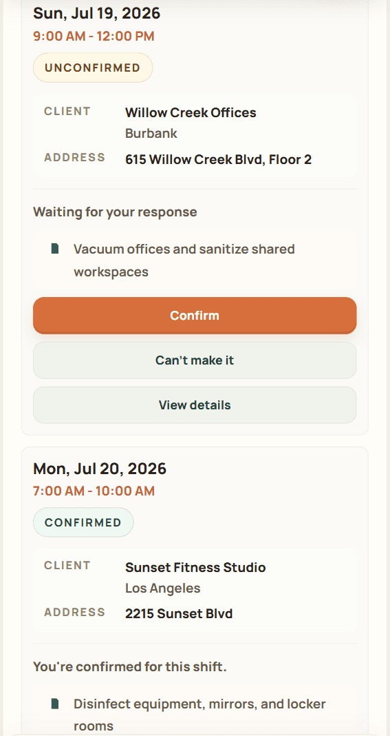 A mobile shift card where a staff member can confirm or report that they cannot attend.
