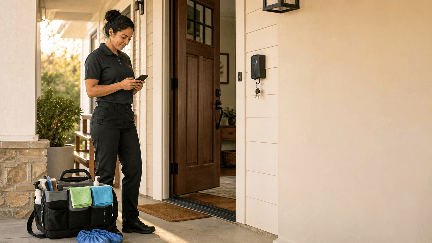 Residential cleaner checking a phone before entering a client's home